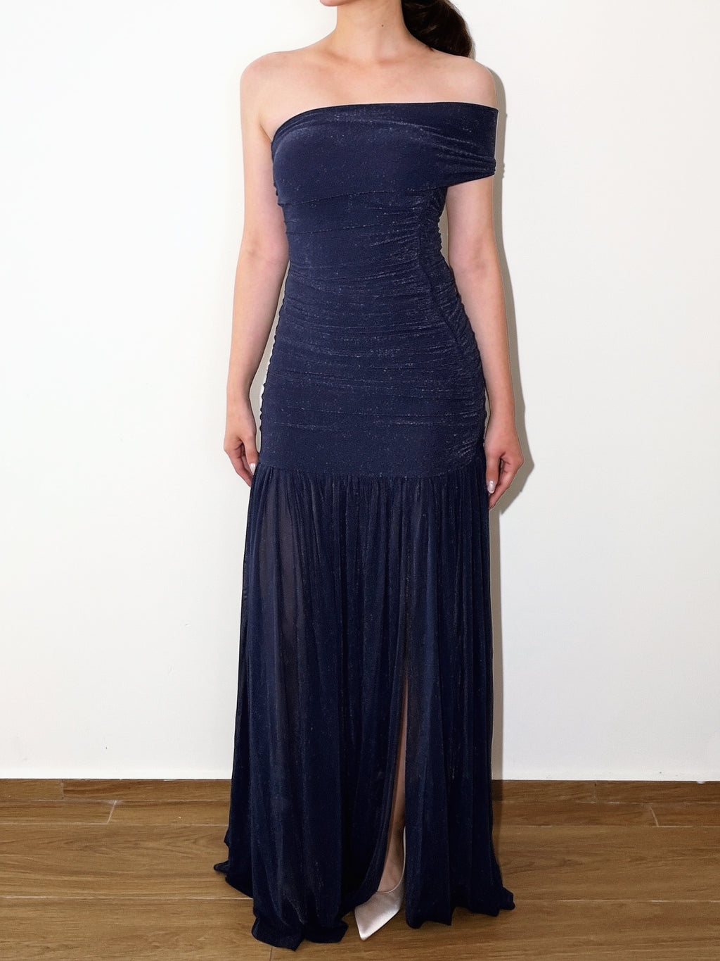 Off‑The‑Shoulder Maxi Dress｜Navy Glitter