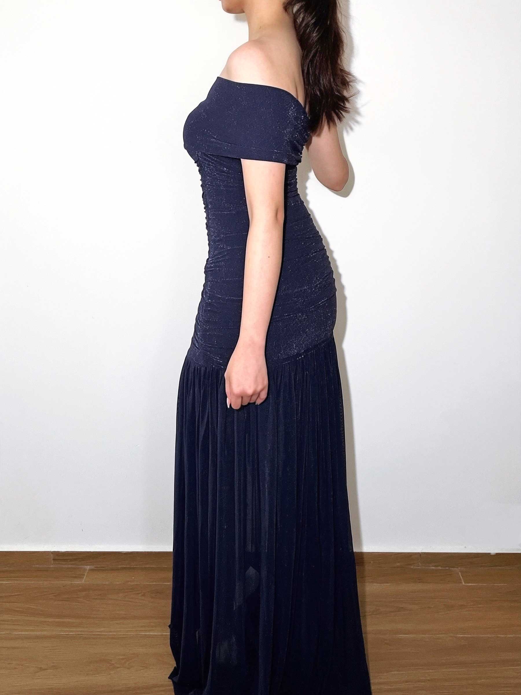 Off‑The‑Shoulder Maxi Dress｜Navy Glitter
