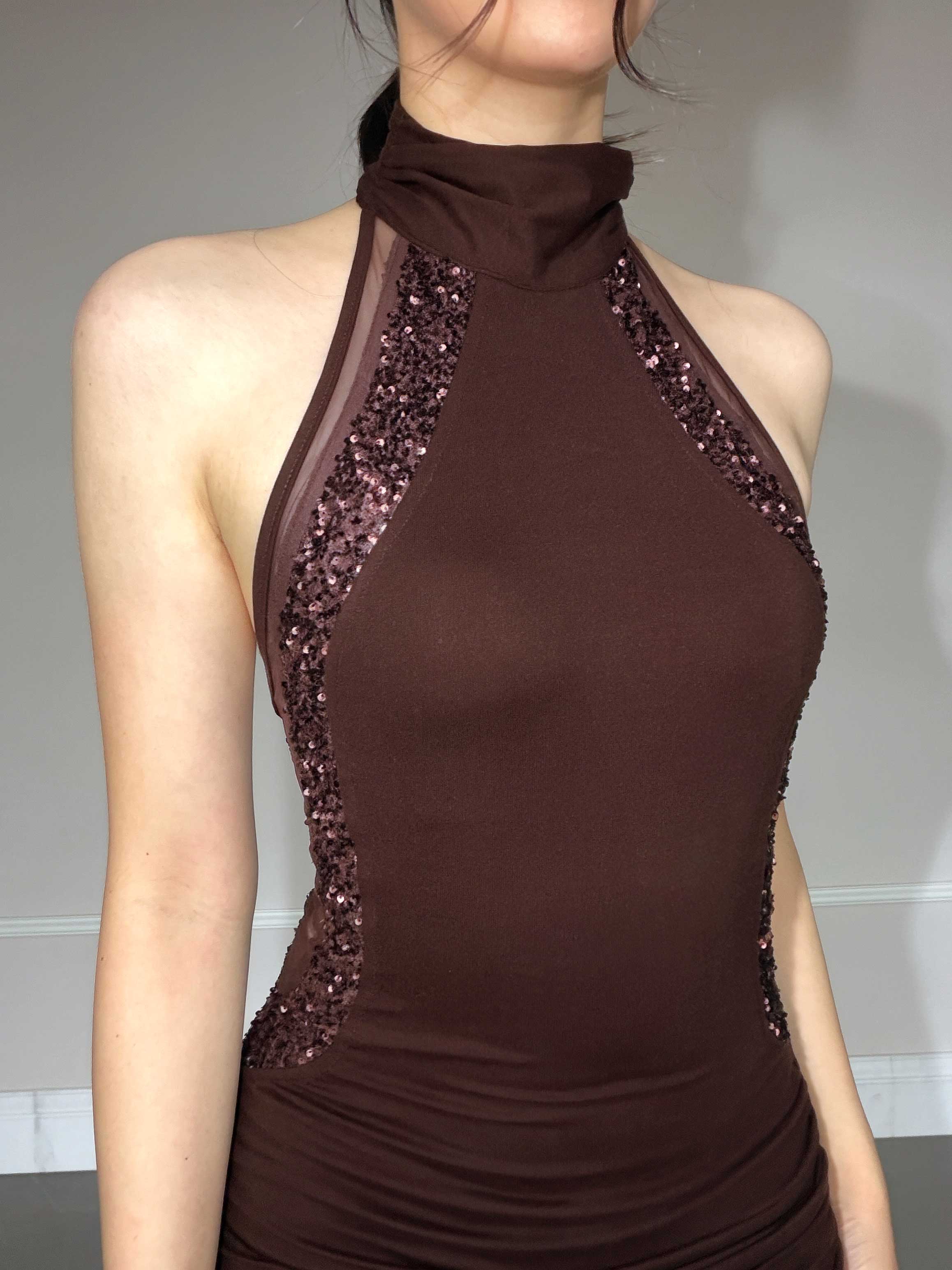 Beaded Trim Maxi Dress｜Chocolate Brown