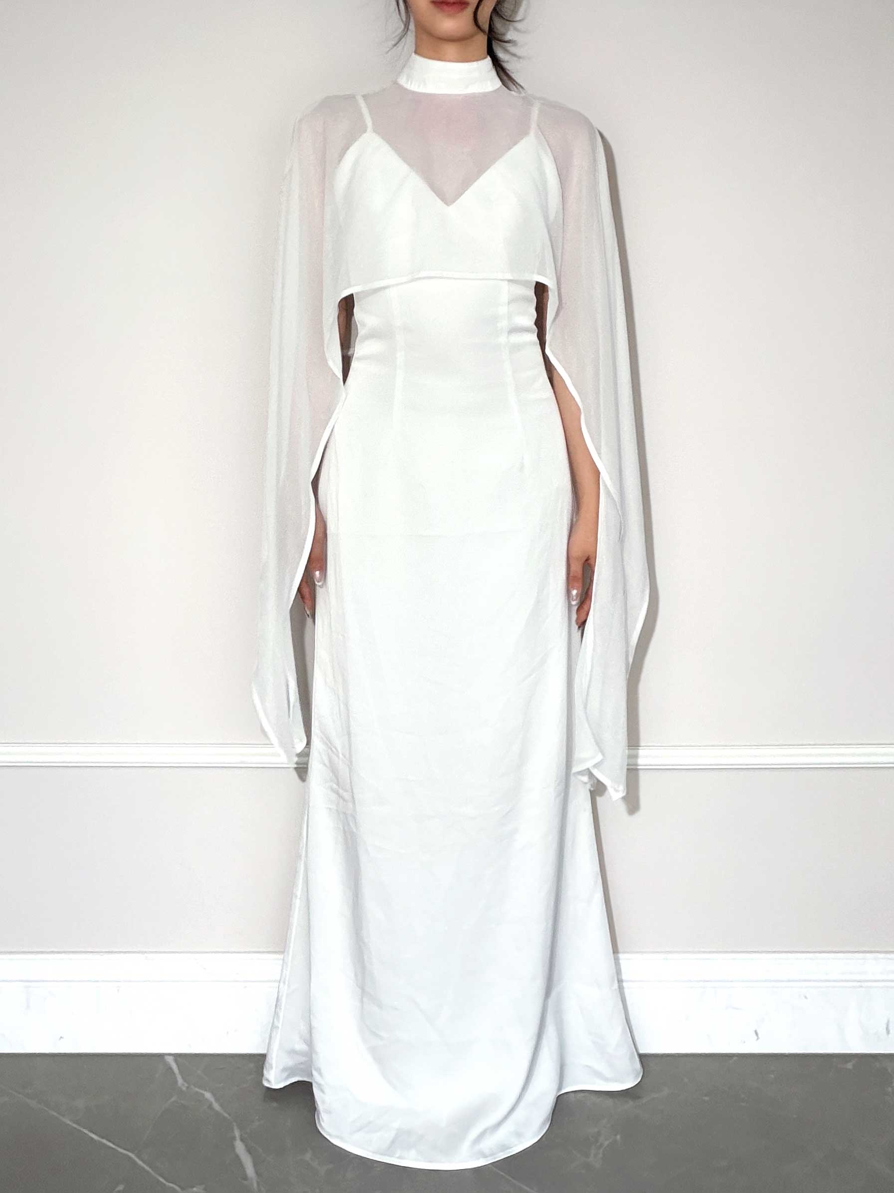 Sheer Cape Mock Neck Maxi Dress｜Creamy White