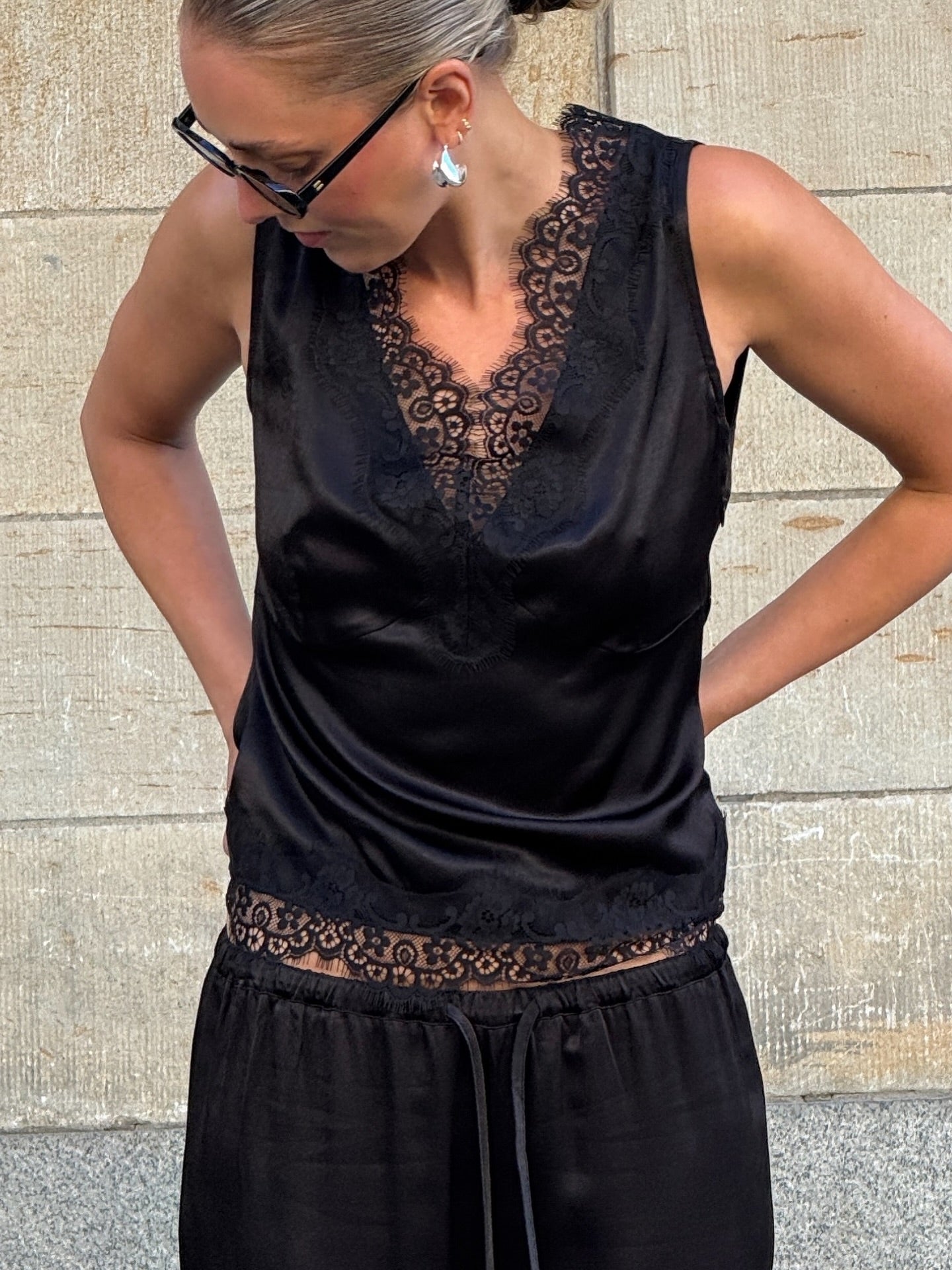 Lace Trim V-Neck Cami Top & Wide Leg Pants Set