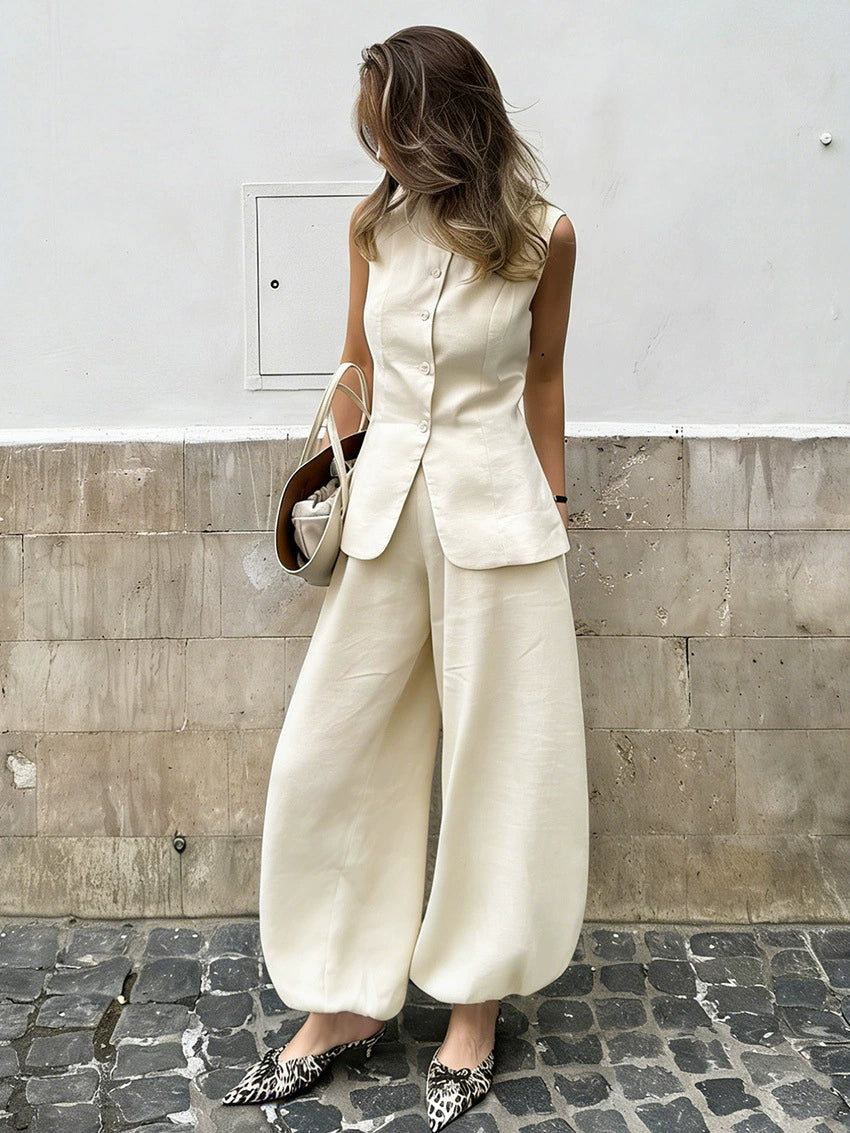 Linen-Blend Vest and Balloon Pants Set