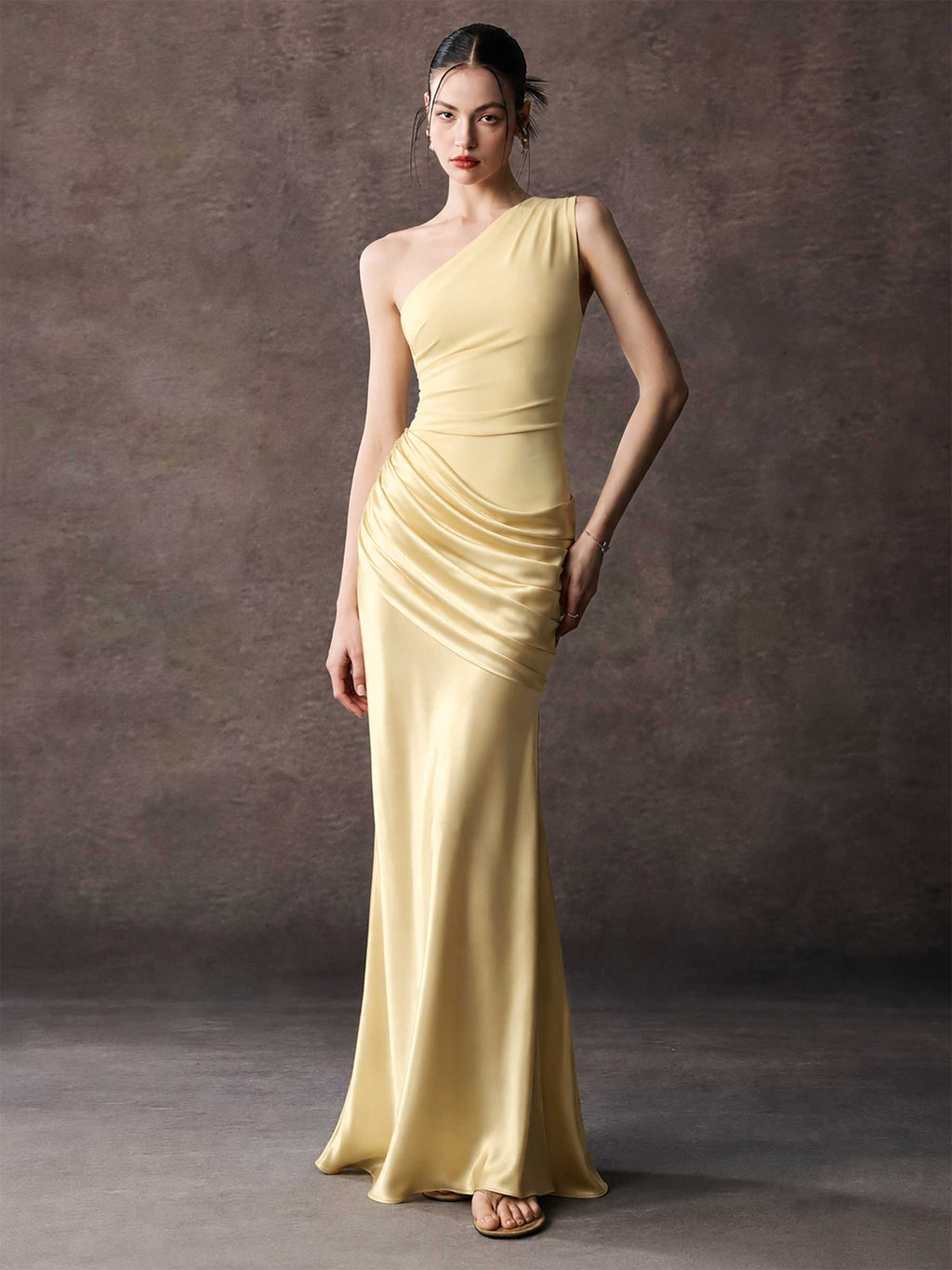 Satin One Shoulder Ruched Mermaid Maxi Dress