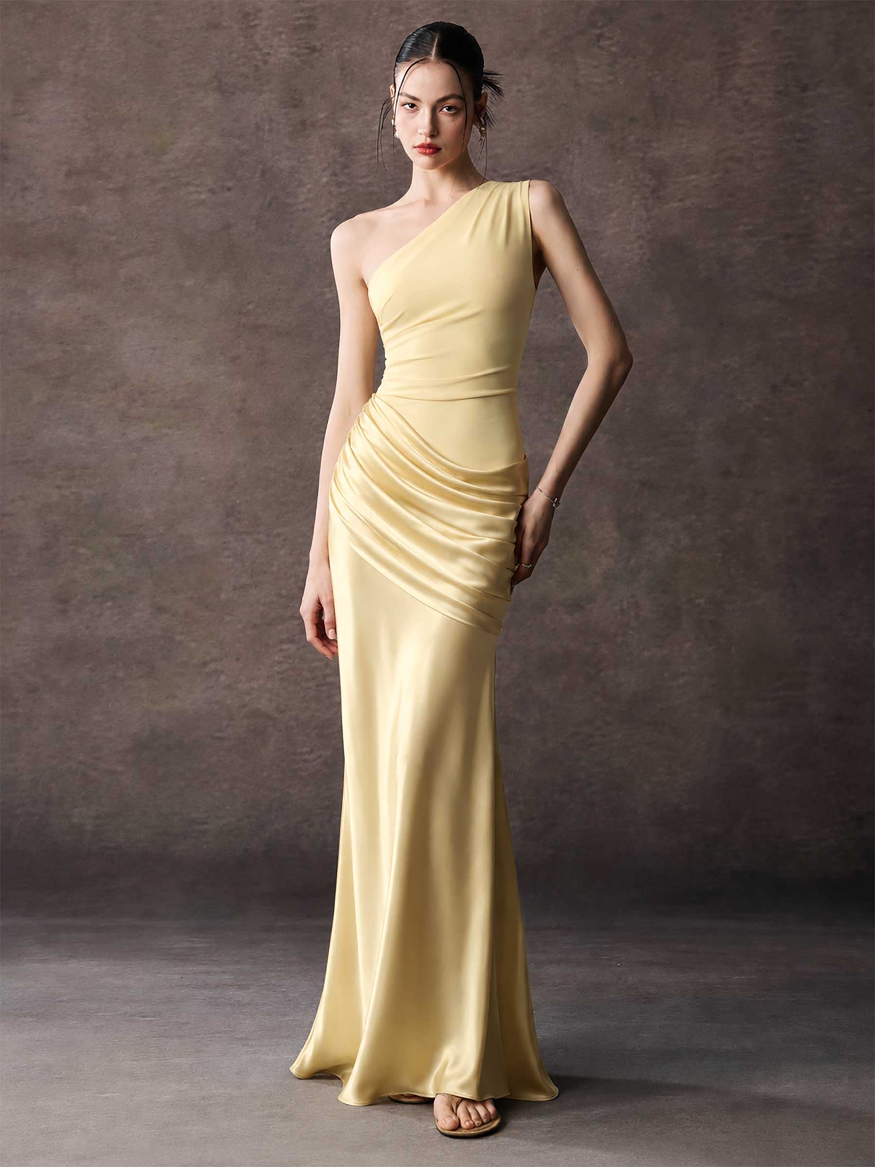 Satin One Shoulder Ruched Mermaid Maxi Dress
