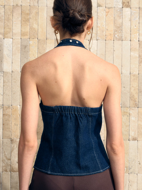 Asymmetrical Wrap Denim Halter Top
