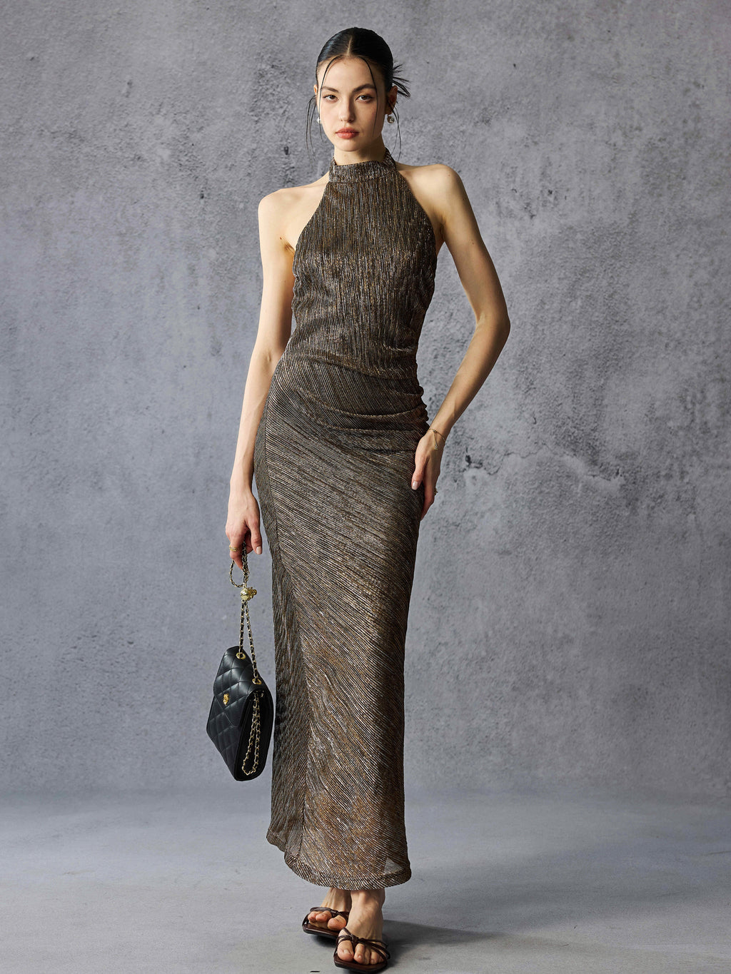 Metallic Glitter Halter Open Back Maxi Dress
