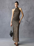 Metallic Glitter Halter Open Back Maxi Dress