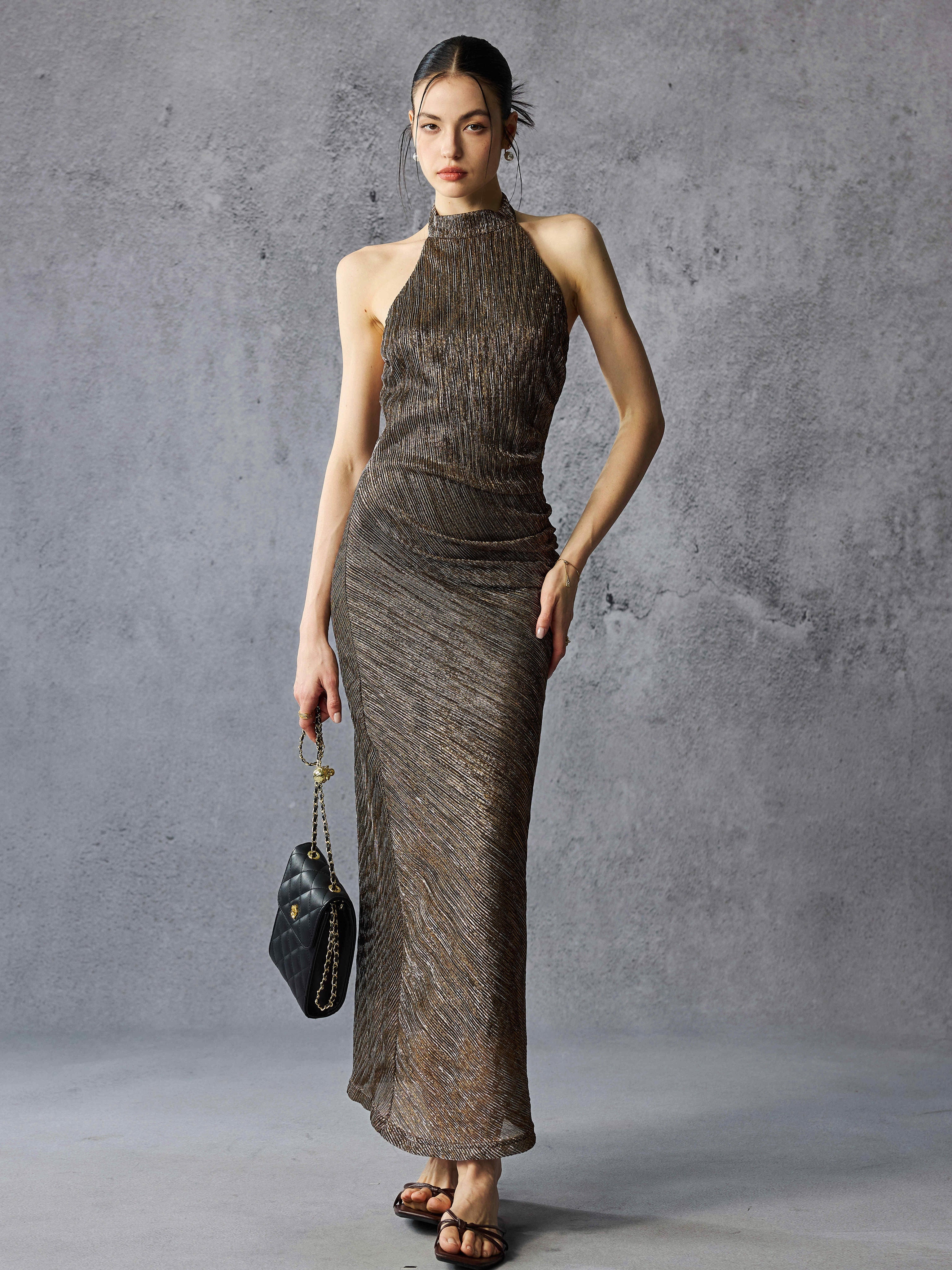 Metallic Glitter Halter Open Back Maxi Dress