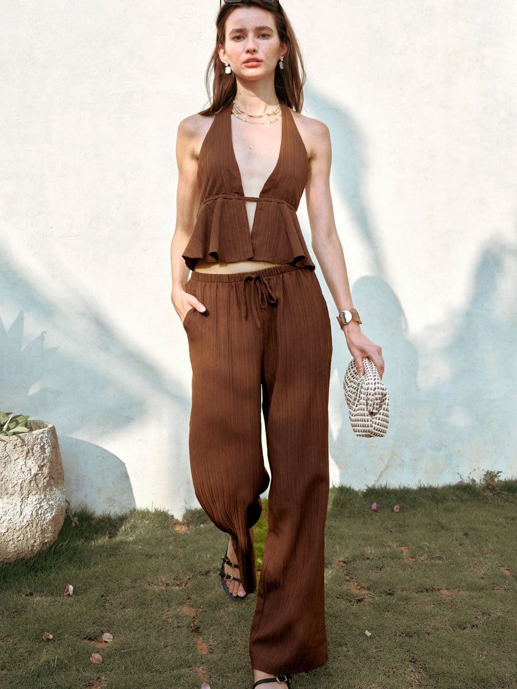 Halter Neck Peplum Top & Wide Leg Set