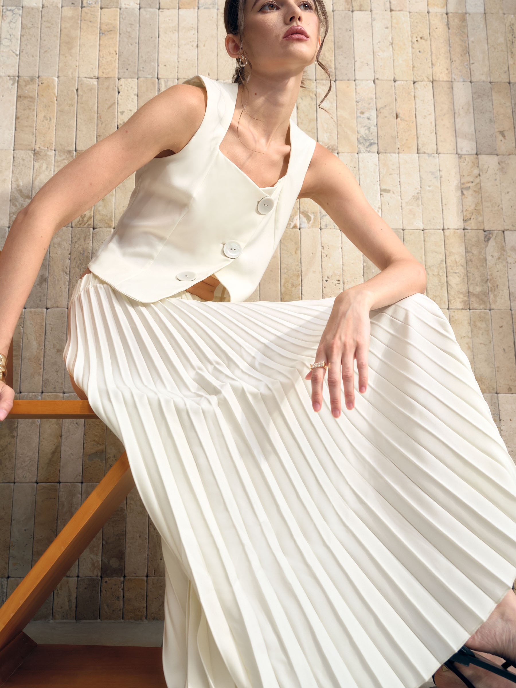 Asymmetrical Vest & Pleated Midi Skirt Set