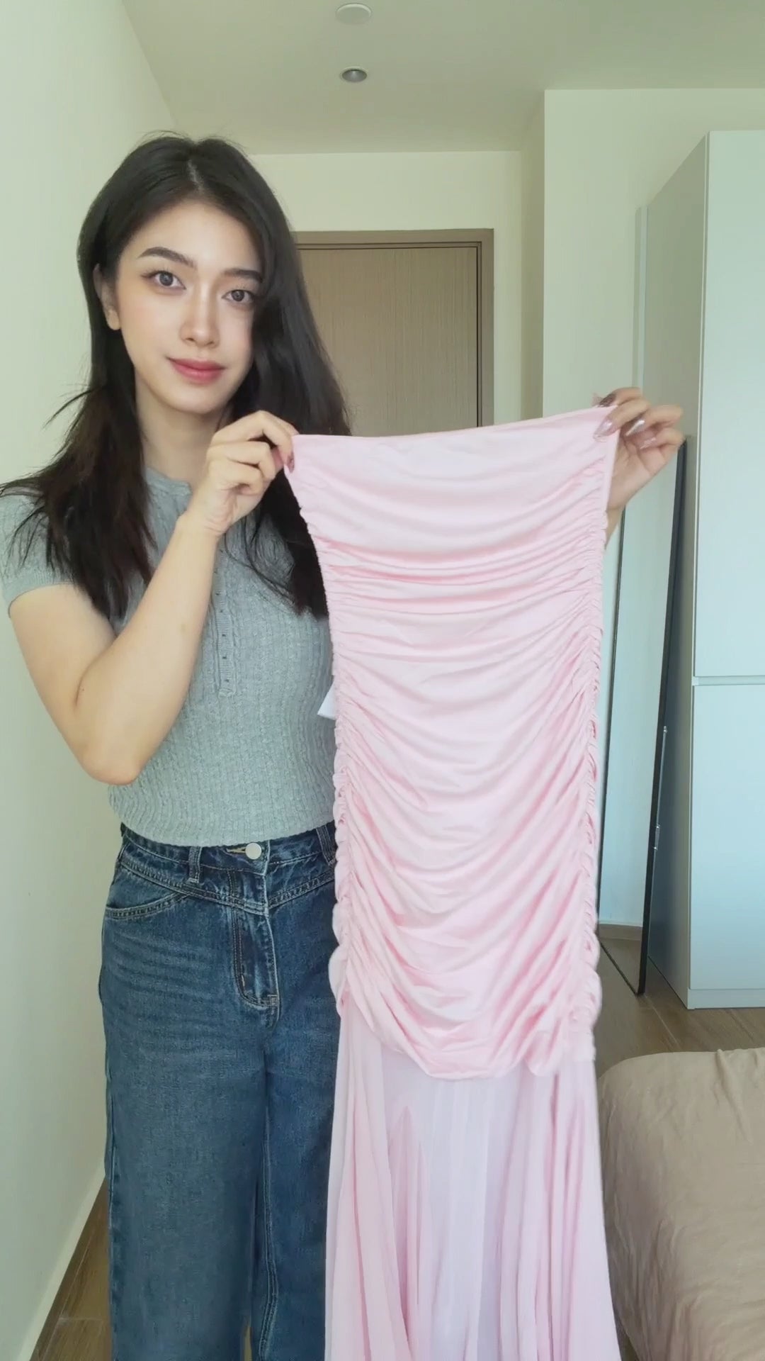 Asymmetrical Mesh Maxi Dress｜Blush Pink