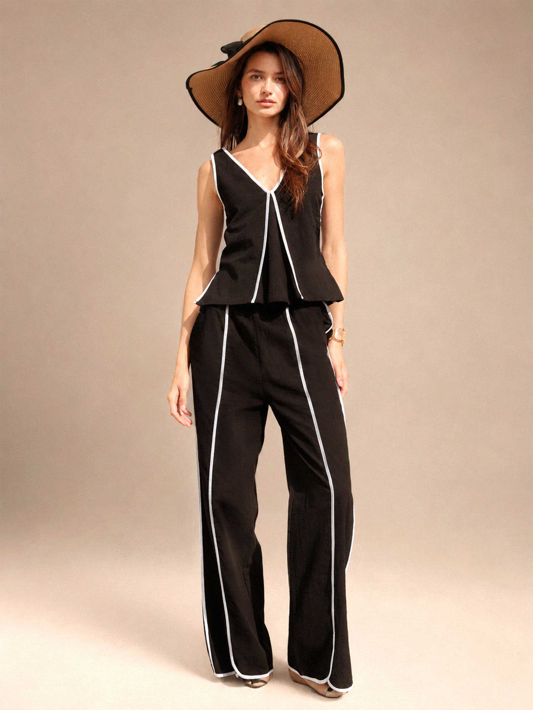 Contrast Piping Sleeveless Top & High Waist Wide Leg Pants Set