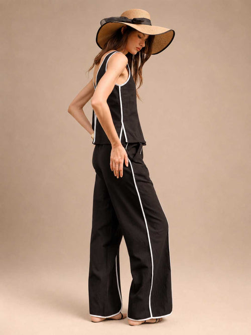 Contrast Piping Sleeveless Top & High Waist Wide Leg Pants Set