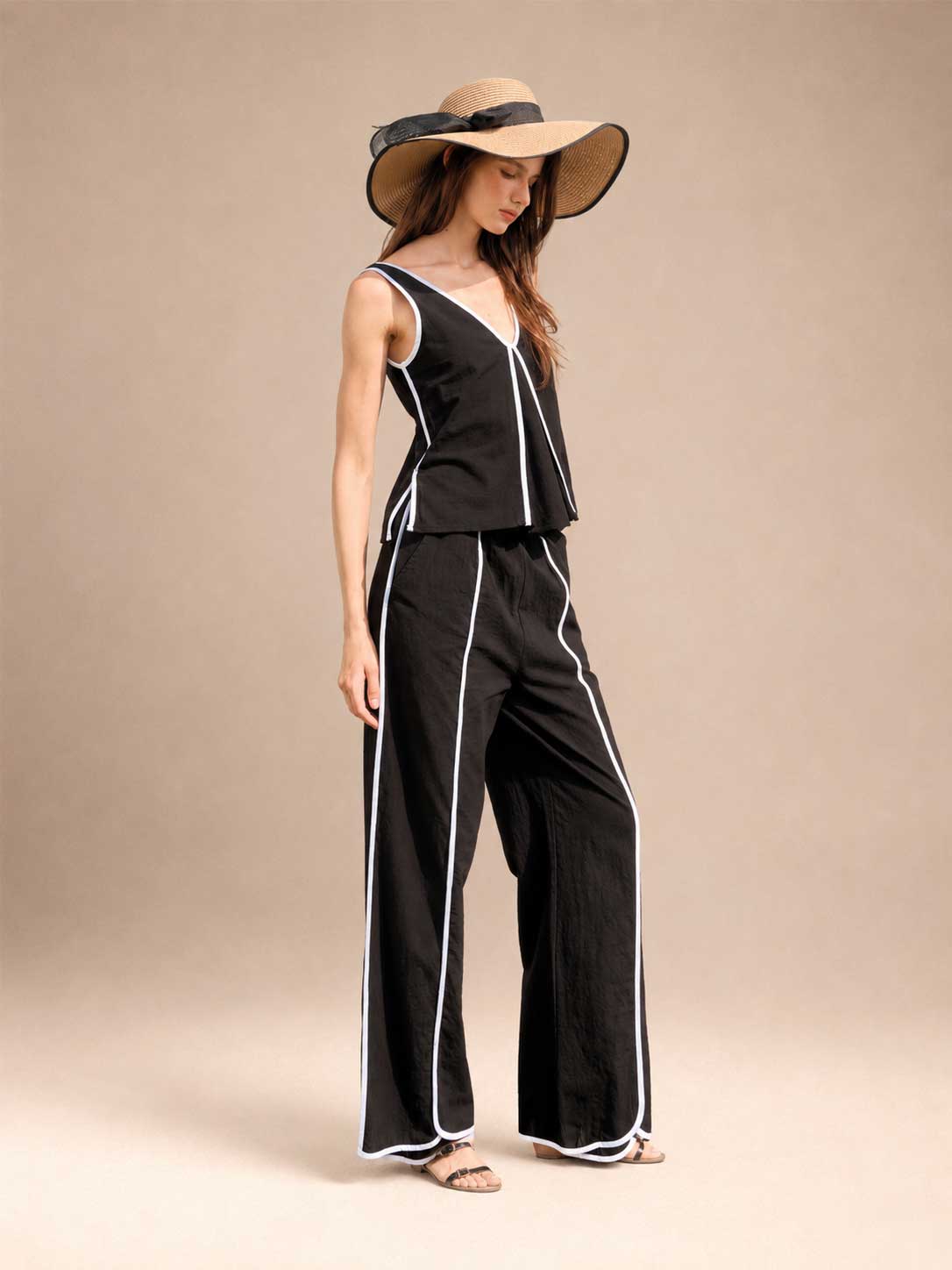 Contrast Piping Sleeveless Top & High Waist Wide Leg Pants Set