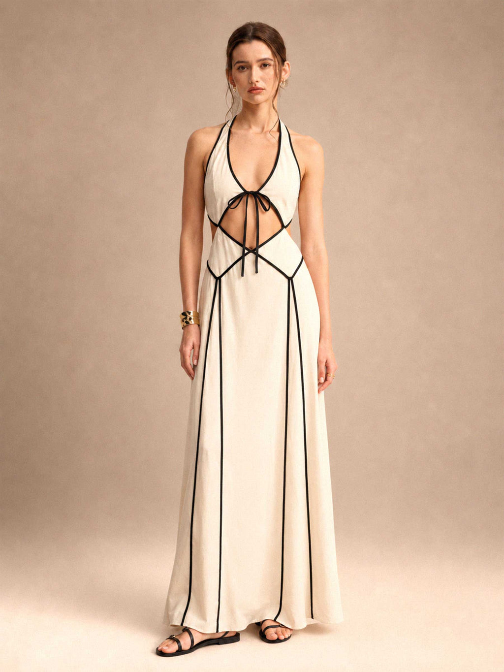 Linen Contrast Piping Halter Cutout Maxi Dress
