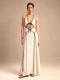 Linen Contrast Piping Halter Cutout Maxi Dress