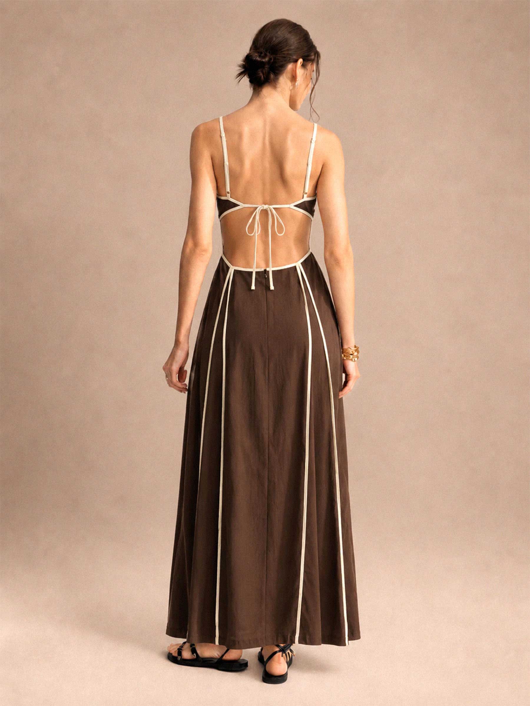Linen Contrast Piping Spaghetti Strap Maxi Dress