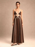 Linen Contrast Piping Spaghetti Strap Maxi Dress