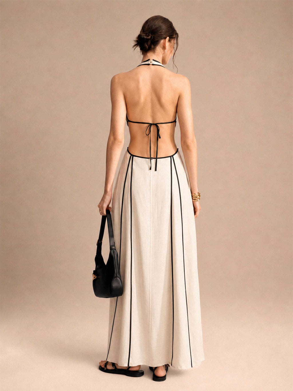 Linen Contrast Piping Halter Cutout Maxi Dress