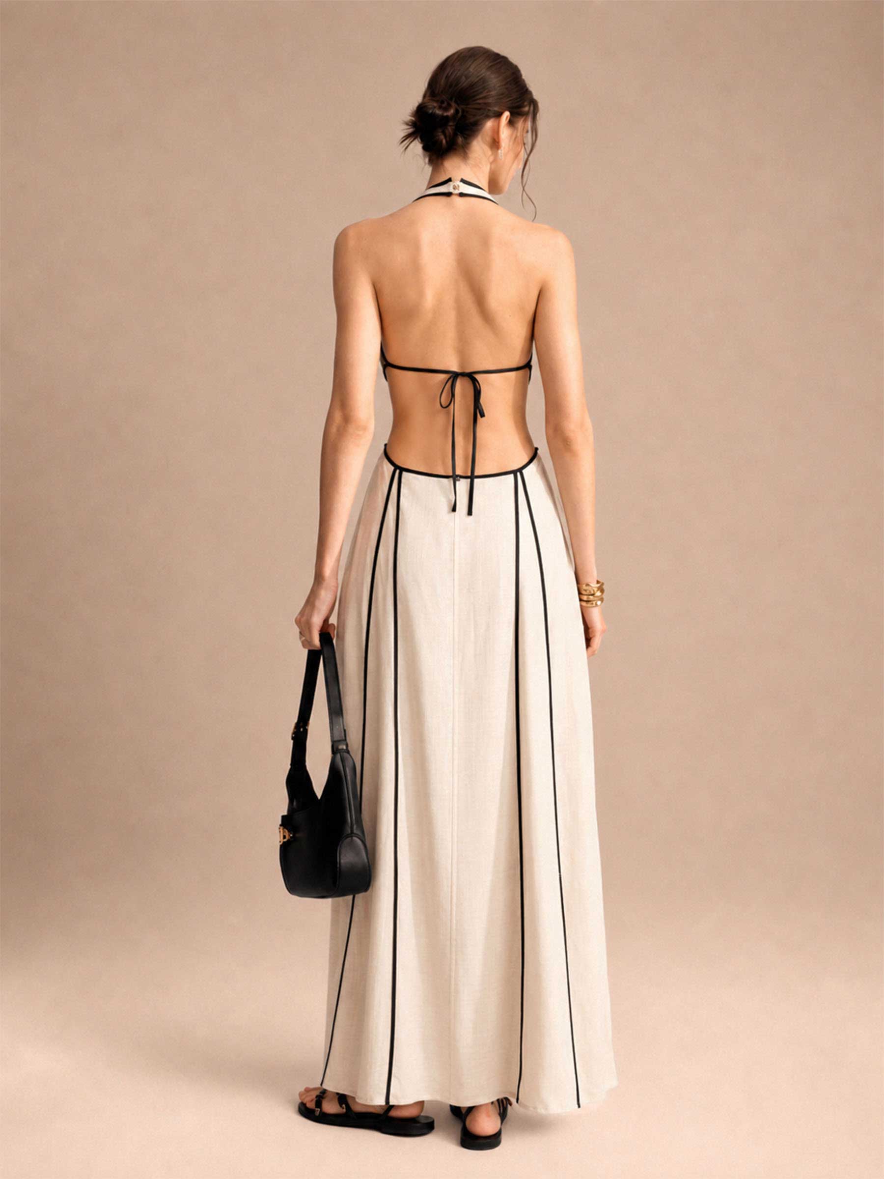 Linen Contrast Piping Halter Cutout Maxi Dress