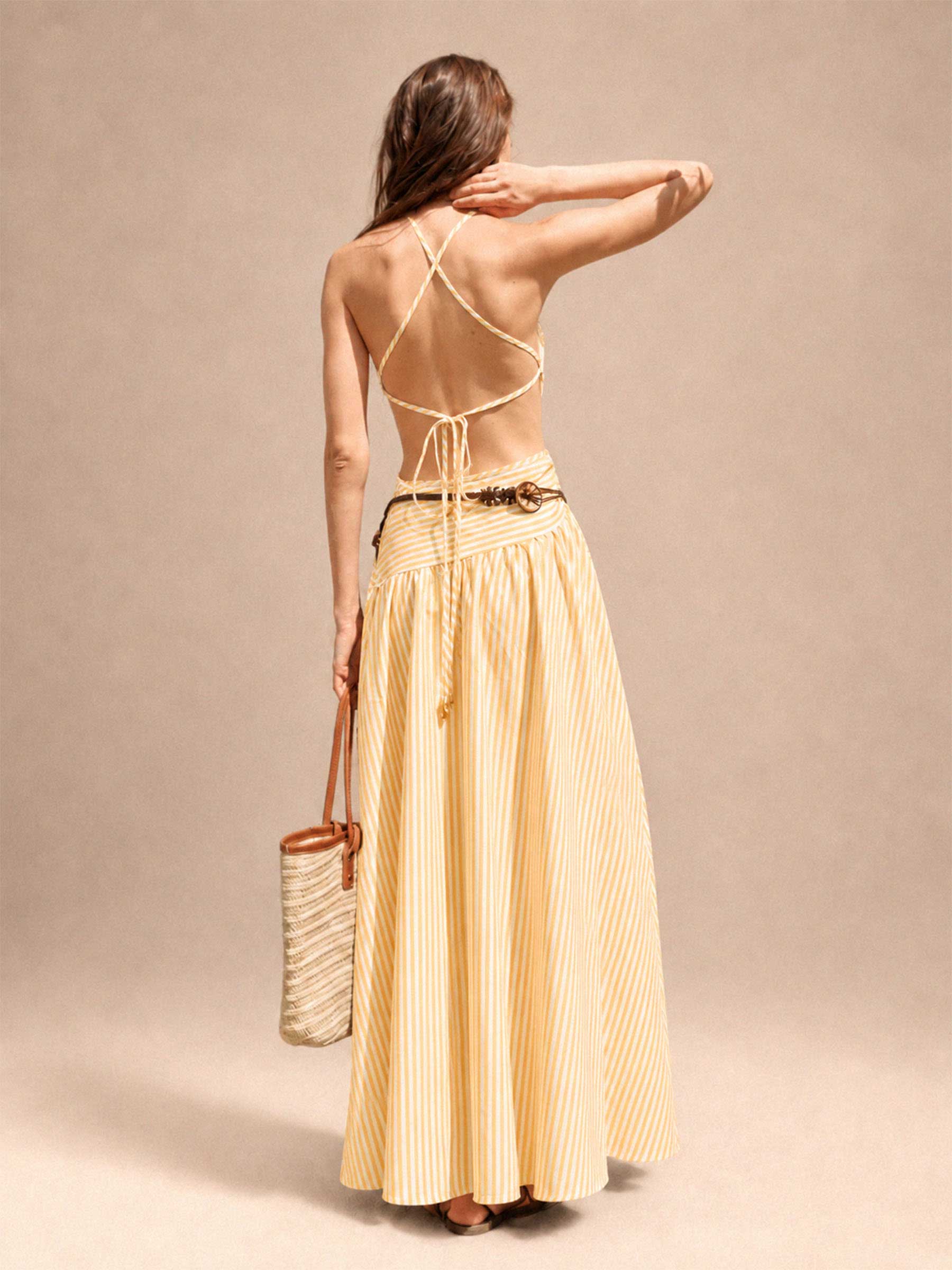 Striped Cut-Out Asymmetric Cami Maxi Dress